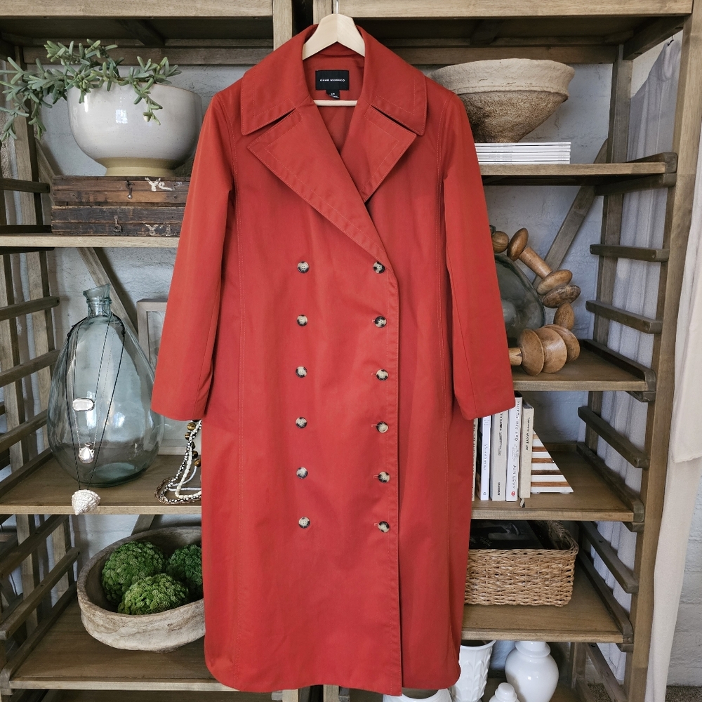 Club Monaco Ohdette Long Trench Coat Jacket Brick Red Sz L - Picture 2 of 13